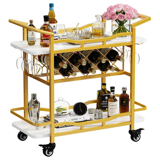 Rolling Bar Cart with Wheels, Beverage Serving Cart with Wine Racks and Glasses Holder