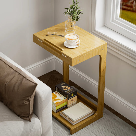 Side Table, C-Shaped End Table with Adjustable Top, Bamboo