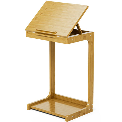 Side Table, C-Shaped End Table with Adjustable Top, Bamboo