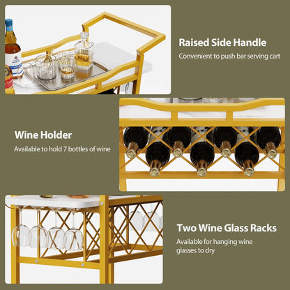 Rolling Bar Cart with Wheels, Beverage Serving Cart with Wine Racks and Glasses Holder