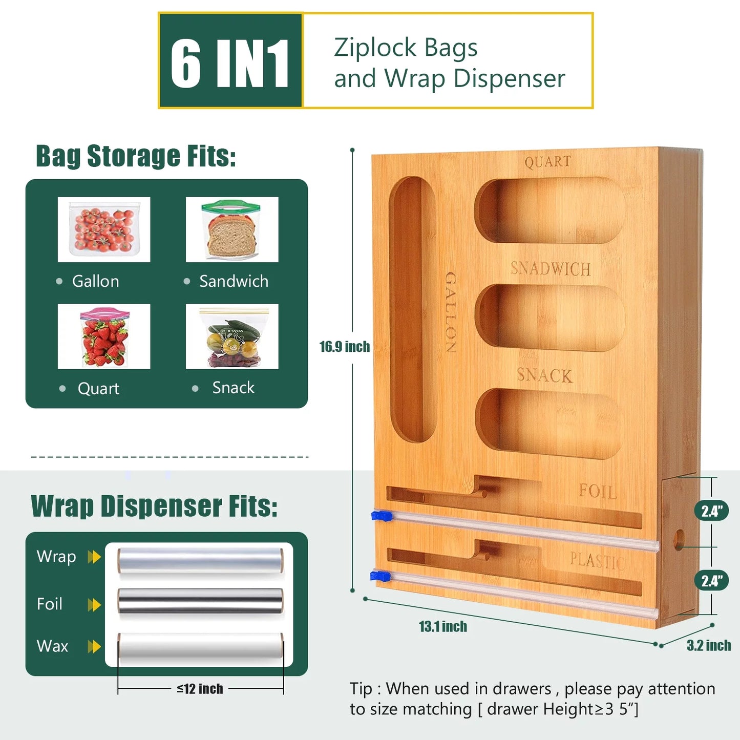 Bamboo Ziplock Bag Storage Organizer for Kitchen Drawer