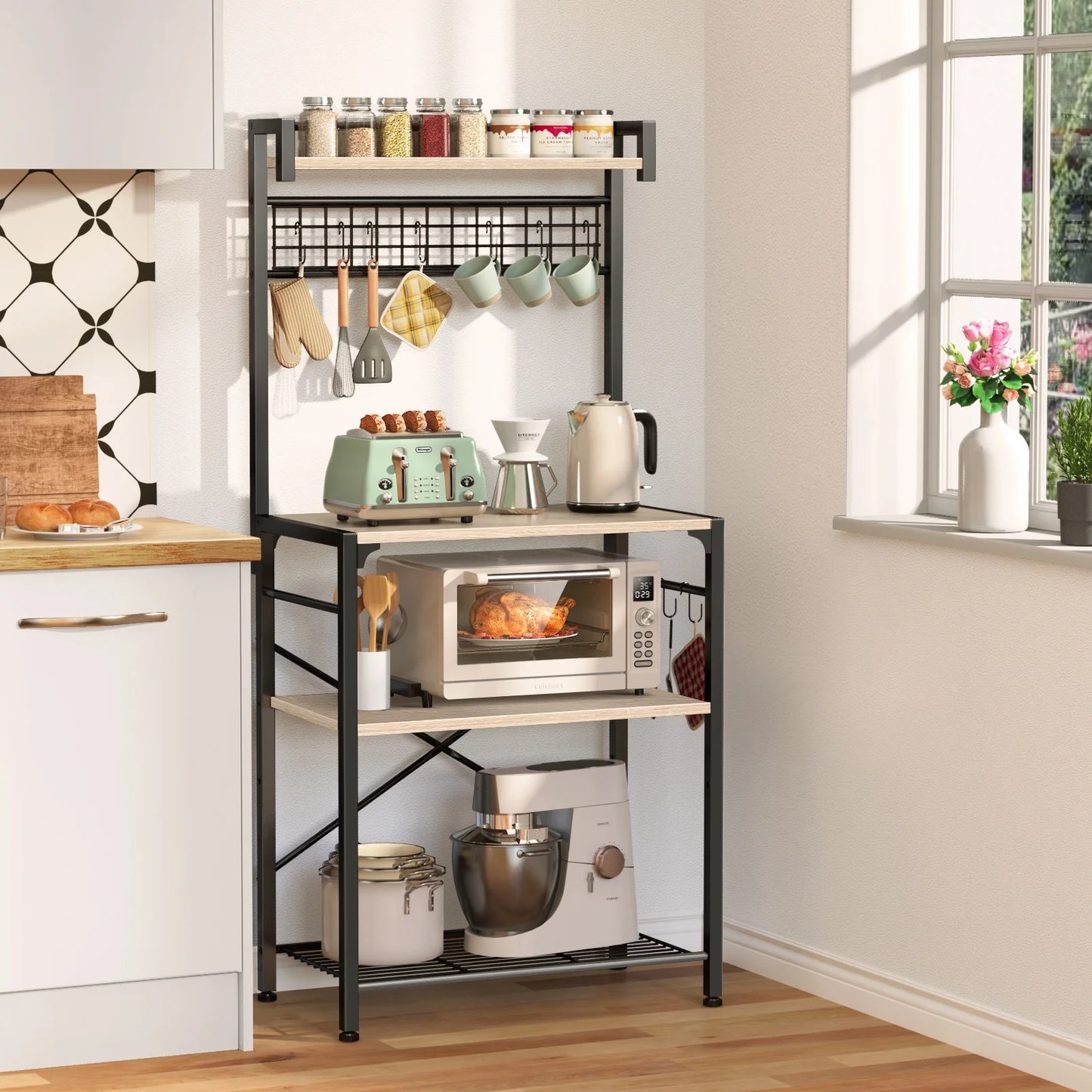 Kitchen Bakers Rack with Hutch, 4 Tiers Coffee Bar Table, Adjustable