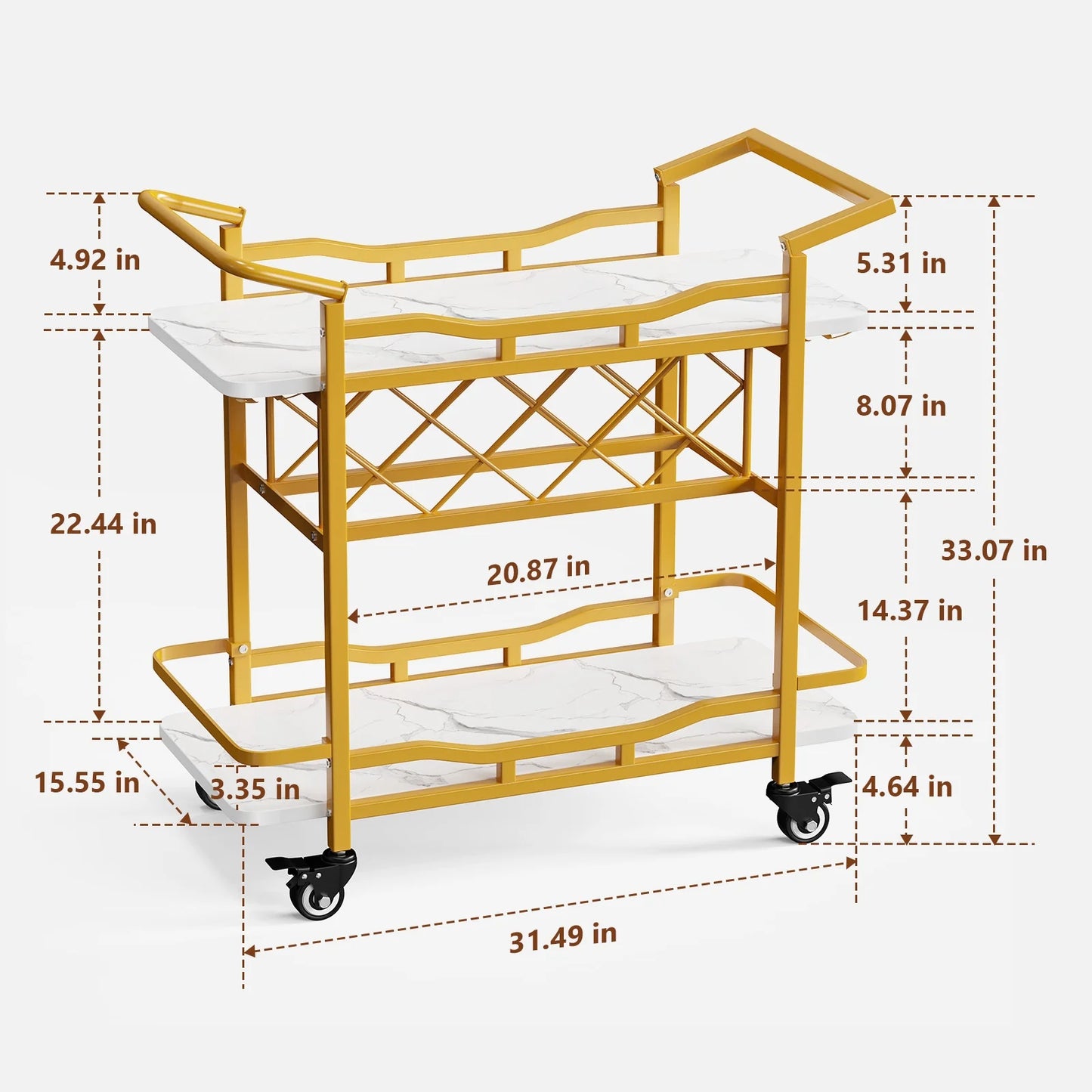 Rolling Bar Cart with Wheels, Beverage Serving Cart with Wine Racks and Glasses Holder