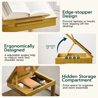 Side Table, C-Shaped End Table with Adjustable Top, Bamboo