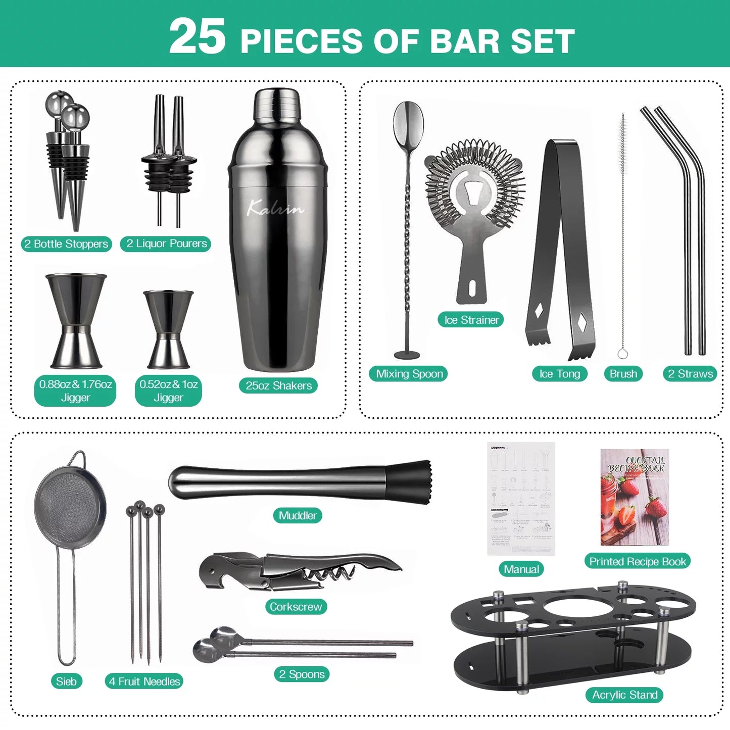 Bartender Kit, 25-Piece Cocktail Shaker Set Stainless Steel Bar Tools