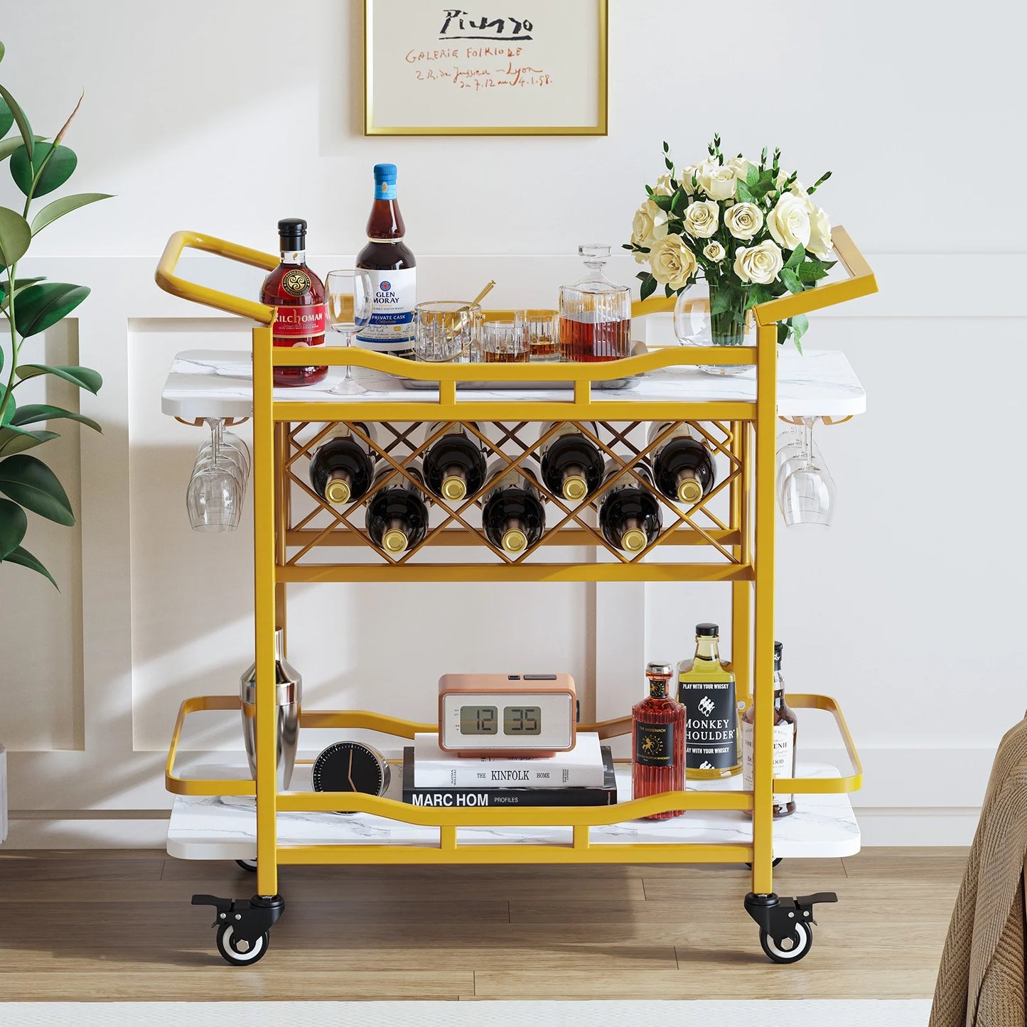 Rolling Bar Cart with Wheels, Beverage Serving Cart with Wine Racks and Glasses Holder