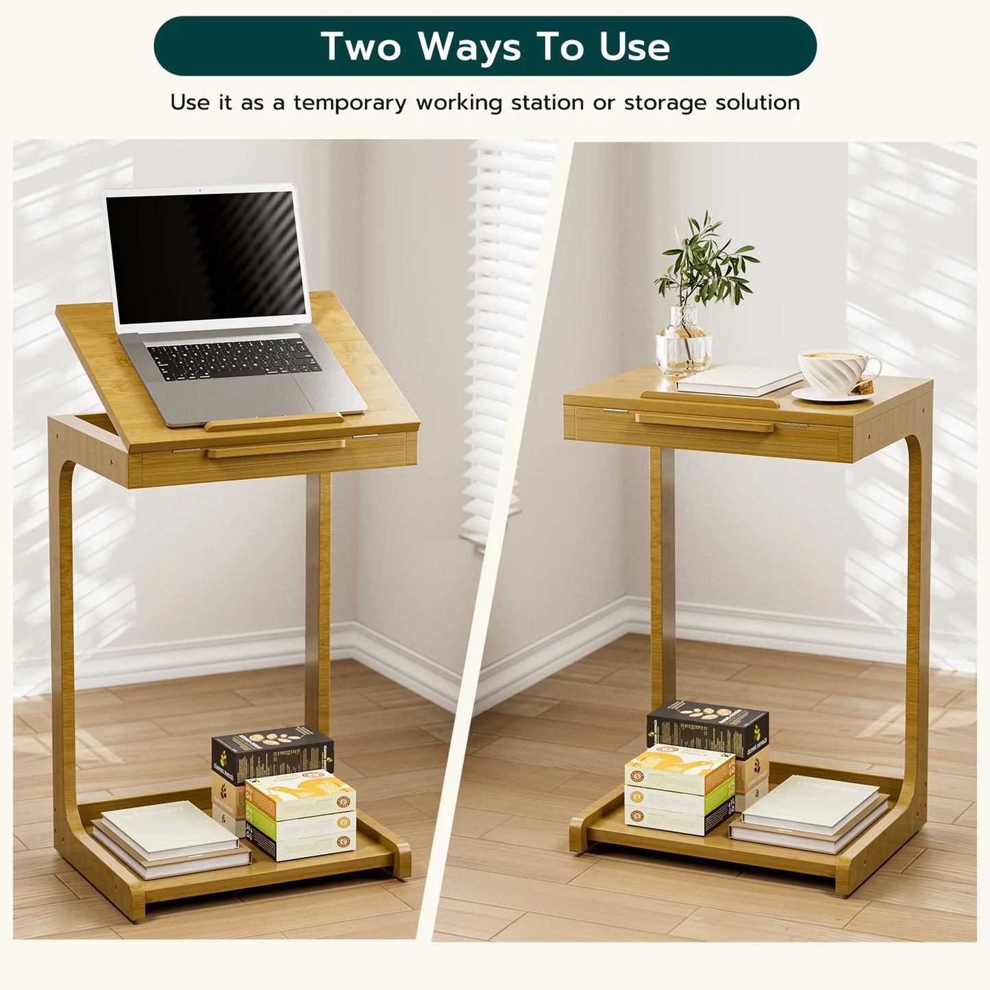 Side Table, C-Shaped End Table with Adjustable Top, Bamboo