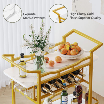 Rolling Bar Cart with Wheels, Beverage Serving Cart with Wine Racks and Glasses Holder