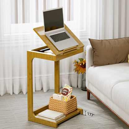 Side Table, C-Shaped End Table with Adjustable Top, Bamboo