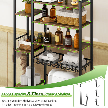 Over The Toilet Storage Shelf, 8-Tier Wooden Bathroom Organizer, Adjustable