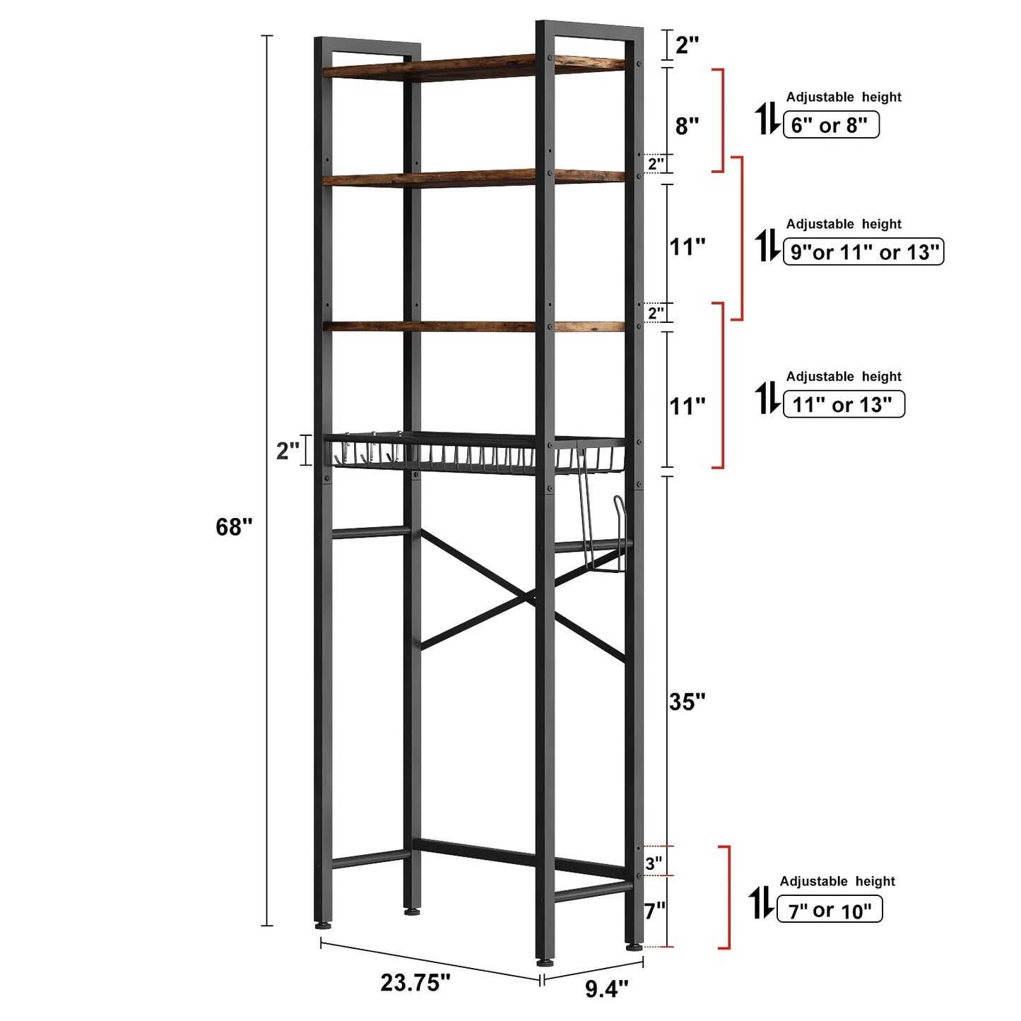 Over The Toilet Storage Shelf, 4-Tier Wooden Bathroom Organizer Adjustable Saver Space Rack