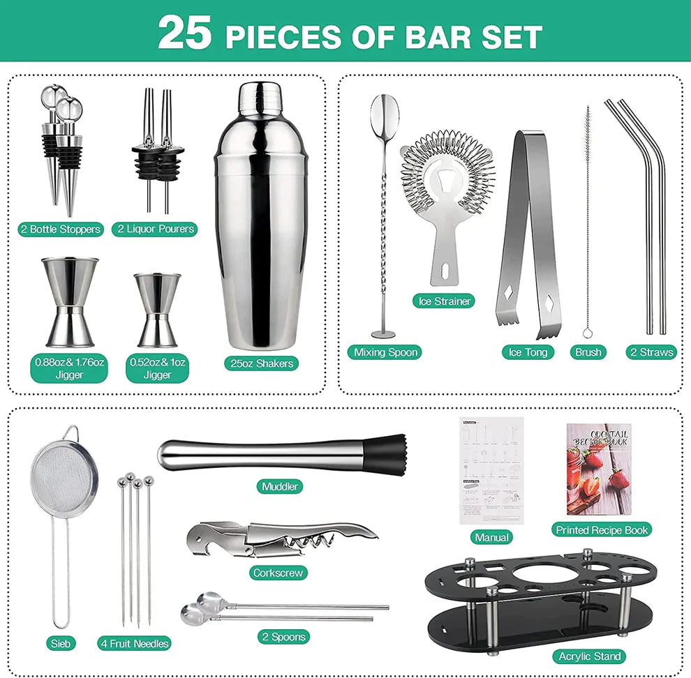 Kalrin Bartender Kit, 25-Piece Cocktail Shaker Set Stainless Steel Bar